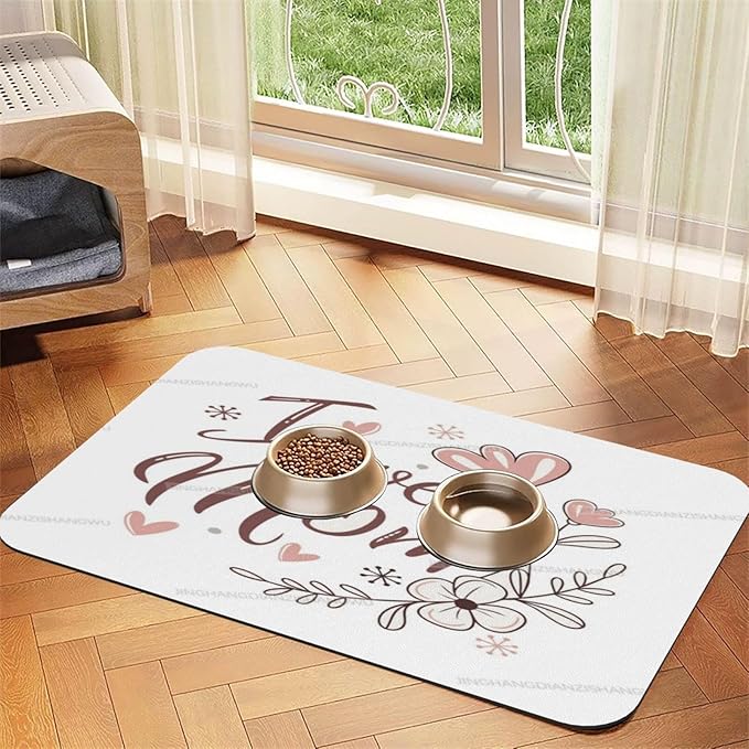 Dog Food Mats for Floors Happy Mother's Day I Love Mom Gift Mom Br Absorbent Pet Cat Food Mat Quick Dry Dog Bowl Mats for Water Pet Supplies 18X12In