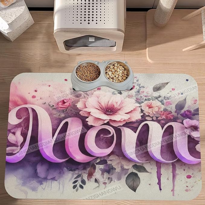 Pet Feeding Mats with Residue Collection Happy Mother's Day Floral Gift for Mom Bm Waterproof Dog Cat Bowl Mat 18X12In with Prevent Water Food Spills