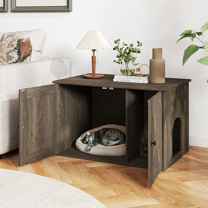 Tangkula Cat Litter Box Enclosure, Hidden Cat Washroom Cabinet with Double Doors, Divider, Side Entry, Indoor Wooden Cat House End Table, Enclosed Litter Box Furniture (Oak)