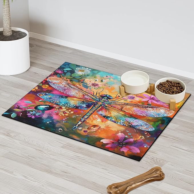 Dragonfly Dog Food Mat for Floors Absorbent, Quick Dry Water Dispenser Mat for Food, Water, Pet Supplies 17" x 30", Flower