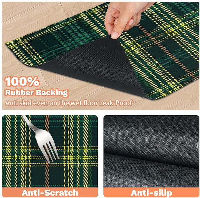 Green Plaid Dog Food Mat for Floors Absorbent, Quick Dry Water Dispenser Mat for Food, Water, Pet Supplies 17" x 30", Buffalo Check