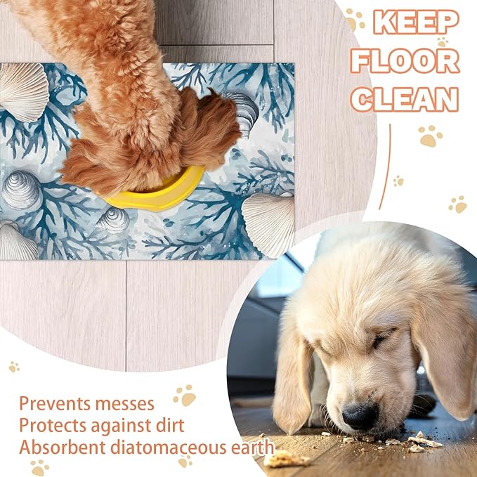 Starfish Seashells Dog Food Mat for Floors Absorbent Dog Bowl Mat for Food and Water Dispenser Quick Dry Cat Food Placemat Pet Supplies 16" x 24", Ocean Beach Coral