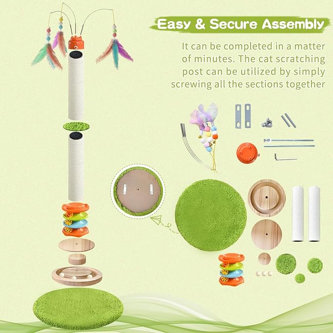 Cat Scratching Post，40'' Tall Cat Scratcher Tree Cat Toys for Indoor Cats with Cat Toys 4-Tier Roller Track，Automatically Rotating cat Teaser Wand，Hanging Balls for Kittens Adults Cats