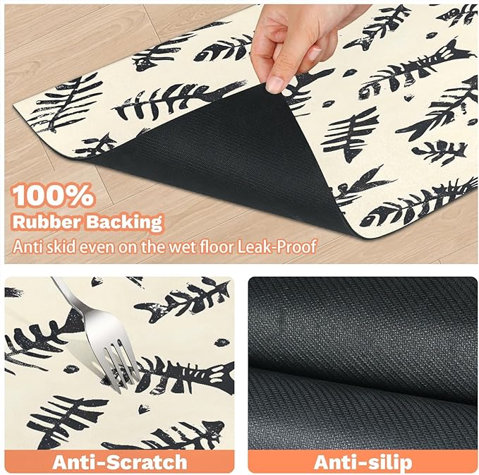 Fish Skull Dog Food Mat for Floors Absorbent Dog Bowl Mat for Food and Water Dispenser Quick Dry Cat Food Placemat Pet Supplies 12" x 20", Fish Bones