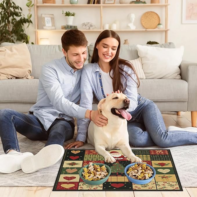 Santa Claus Dog Food Mat for Floors Absorbent, Quick Dry Water Dispenser Mat for Food, Water, Pet Supplies 24" x 32", Christmas Tree