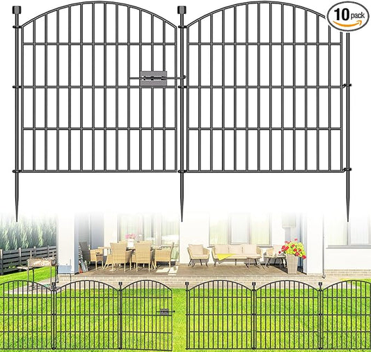 10 Panels No Dig Decorative Garden Fence with Gate - 24 in (H) x 20 ft (L) Dog Rabbits and Pets Fence Outdoor for Yard, Animal Barrier Tall Rustproof Metal Wire Fencing Border for Garden and Patio