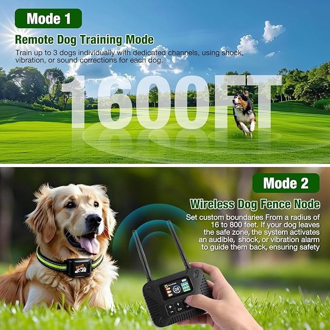 Pet Smart Wireless Dog Fence Collar for 3 Dogs 2.4GHz Electric Dog Fence Portable Waterproof Rechargeable Pet Training Collars (1 Controller & 3 Collar)