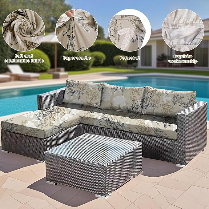 HANDONTIME 8Pcs Outdoor Cushion Covers Waterproof Vintage Patio Cushion Covers Stretch Outdoor Couch Cover Replacement Patio Furniture Cover for Pets Sofa Cover Washable (Khaki Floral,Cover Only)