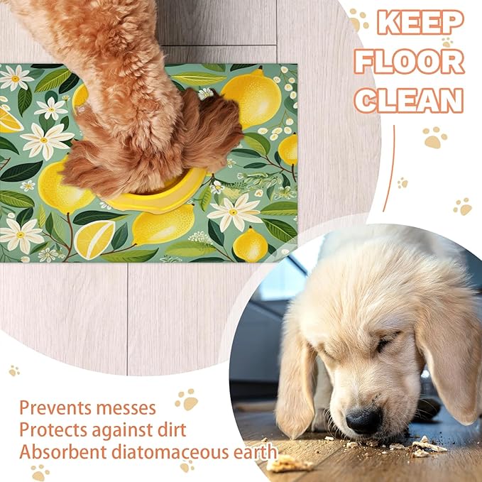 Lemon Dog Food Mat for Floors Absorbent Dog Bowl Mat for Food and Water Dispenser Quick Dry Cat Food Placemat Pet Supplies 16" x 24", Green Leaves Plant
