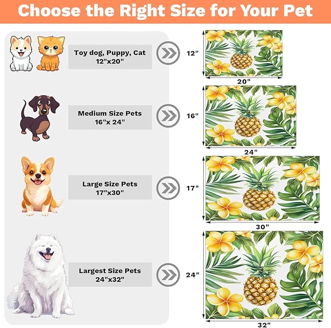 Pineapple Dog Food Mat for Floors Absorbent Dog Bowl Mat for Food and Water Dispenser Quick Dry Cat Food Placemat Pet Supplies 17" x 30", Tropical Flowers
