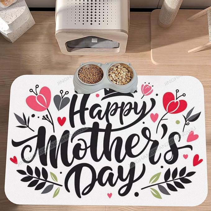 Dog Food Mat Happy Mother's Day Floral Gift for Mom Bh Absorbent Water Bowl Mats Cat Pet Feeding Placemats 24x16In