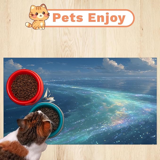Ocean Dog Food Mat for Floors Absorbent, Quick Dry Water Dispenser Mat for Food, Water, Pet Supplies 16" x 24", Star Sea