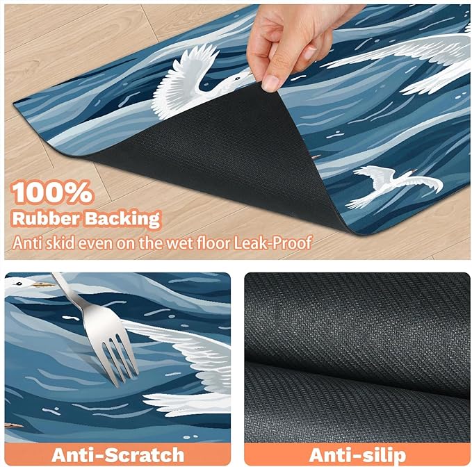 Seagull Ocean Dog Food Mat for Floors Absorbent, Quick Dry Water Dispenser Mat for Food, Water, Pet Supplies 24" x 32", Blue Beach