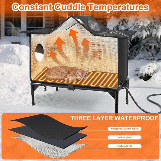 Heated Outdoor Cat House Weatherproof with Heating Pad, Insulated Feral Cat Houses for Outdoor Cats, Safe Escape Door, Heated Cats House for Outside, Outside Stray Cats Shelter with Elevated Base(L)