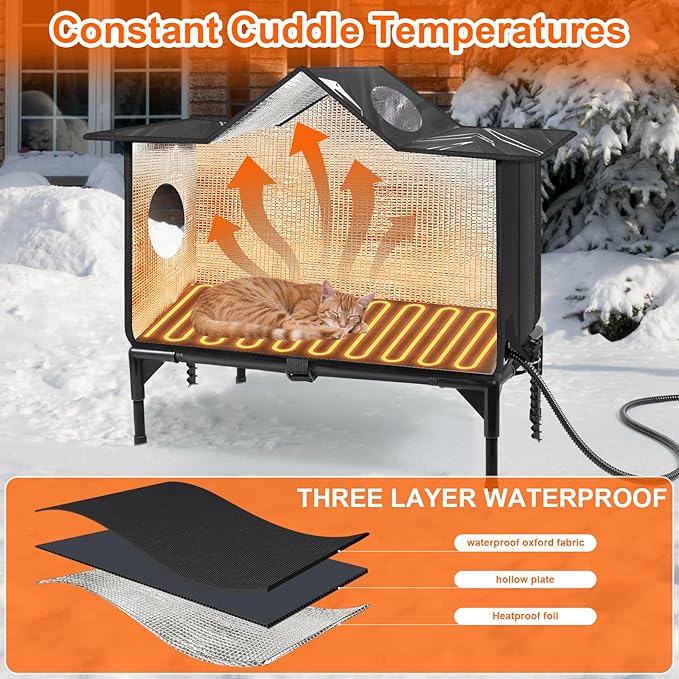 Heated Outdoor Cat House Weatherproof with Heating Pad, Insulated Feral Cat Houses for Outdoor Cats, Safe Escape Door, Heated Cats House for Outside, Outside Stray Cats Shelter with Elevated Base(M)