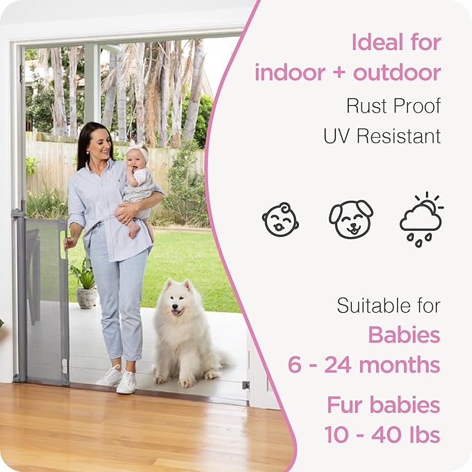 Retractable Baby Gate Perma Child Safety 41" Tall x 71” Wide, Mesh, for Stairs, Doorways, Dogs, Pets, Indoor, Outdoor, One-Handed Operation, Locking, Easy Install, Hardware Mount, Gray