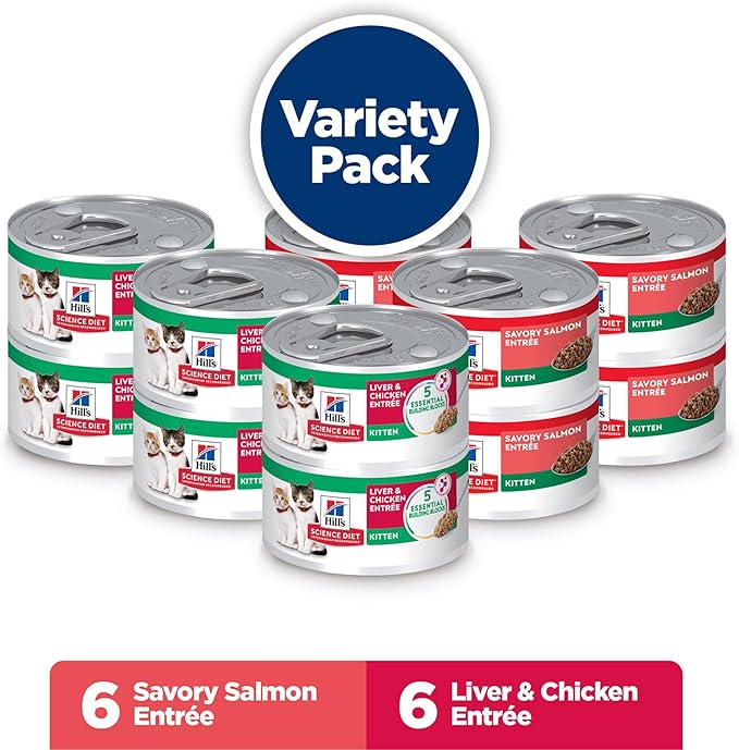 Hill's Science Diet Kitten, Kitten Premium Nutrition, Wet Cat Food, Variety Pack: Liver & Chicken; Salmon Minced, 2.9 oz Can Variety Pack, Case of 12