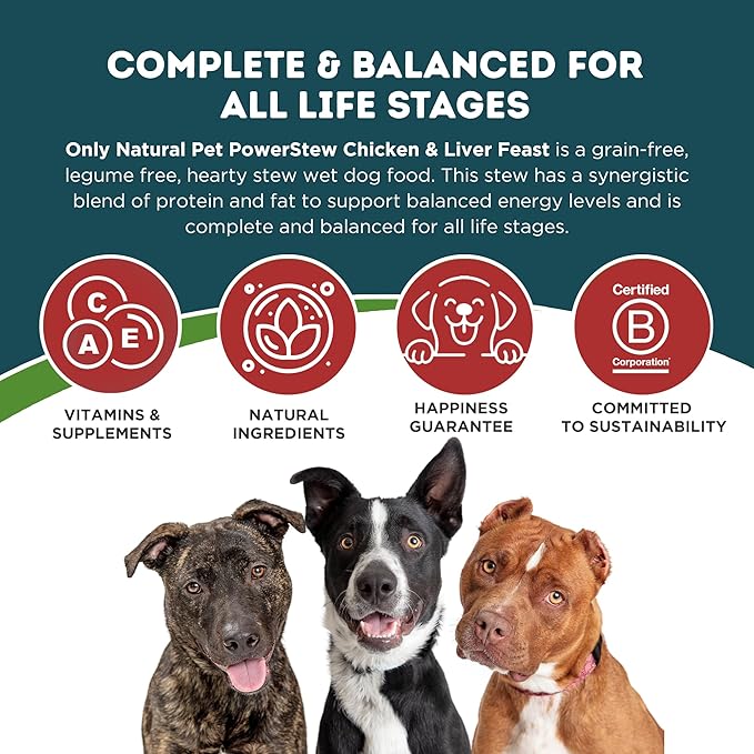 Only Natural Pet PowerStew Chicken and Liver Feast Wet Dog Food, Legume and Grain-Free with Savory Hydrating Broth and Vegetables, Complete Nutrition for All Life Stages, 12.5 oz Cans, Pack of 6 (C)