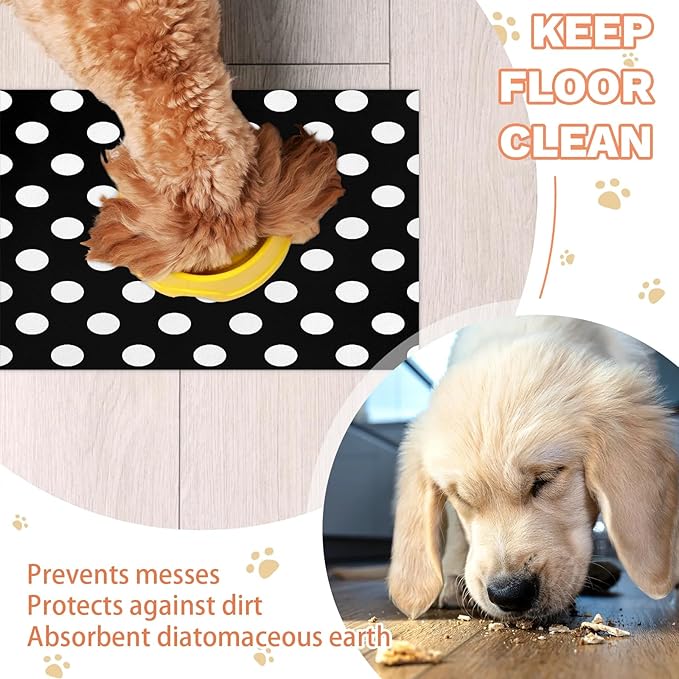 Polka Dot Dog Food Mat for Floors Absorbent Dog Bowl Mat for Food and Water Dispenser Quick Dry Cat Food Placemat Pet Supplies 16" x 24", Vintage Black White