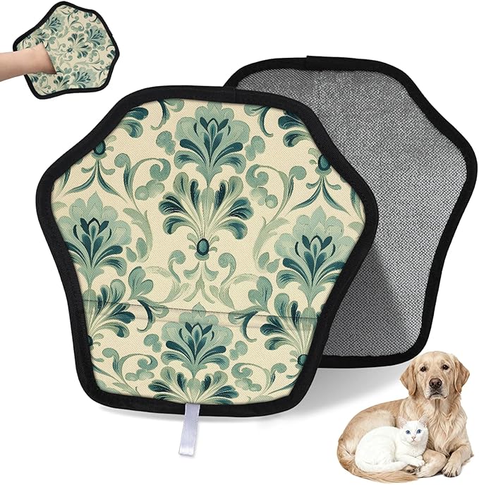 Green Floral Prints Electrostatic Pet Hair Removal Glove for Cats & Dogs - Reusable Grooming Mitt for Couch, Carpet, Car Seat & Laundry - Large 9x9 Inch