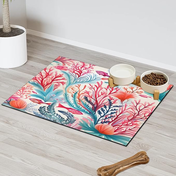 Watercolor Corals Dog Food Mat for Floors Absorbent Dog Bowl Mat for Food and Water Dispenser Quick Dry Cat Food Placemat Pet Supplies 17" x 30", Colorful Nautical