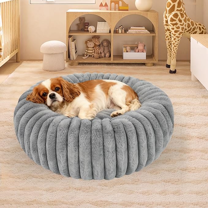 Washable Large Dog Bed,Calming Anti Anxiety Round Donut Dog Bed,Fluffy Puppy Beds for Small Dogs,Cute Kitten Cat Beds for Indoor Cats,Anti-Slip Comfort Pet Beds for Large Size(Grey,XL)
