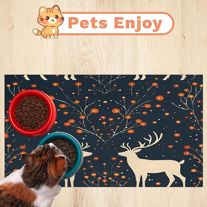 Christmas Deer Dog Food Mat for Floors Absorbent, Quick Dry Water Dispenser Mat for Food, Water, Pet Supplies 12" x 20", Holly