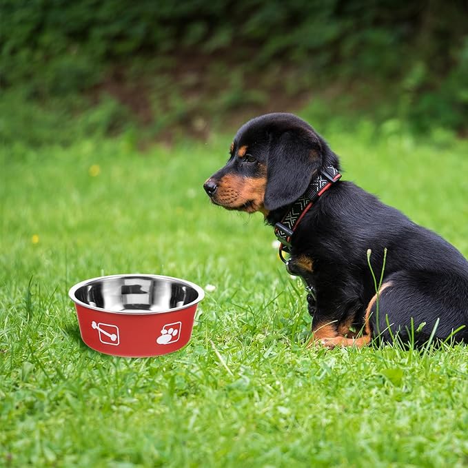 Stainless Steel Dog Feeding Bowl Non-Skid Medium Size Brick Red Pet Food and Water Dish for Household Use Puppy Feeder Spill-Proof Pet Supply