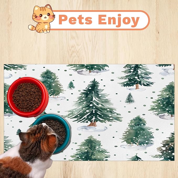 Christmas Tree Dog Food Mat for Floors Absorbent, Quick Dry Water Dispenser Mat for Food, Water, Pet Supplies 17" x 30", Winter Xmas