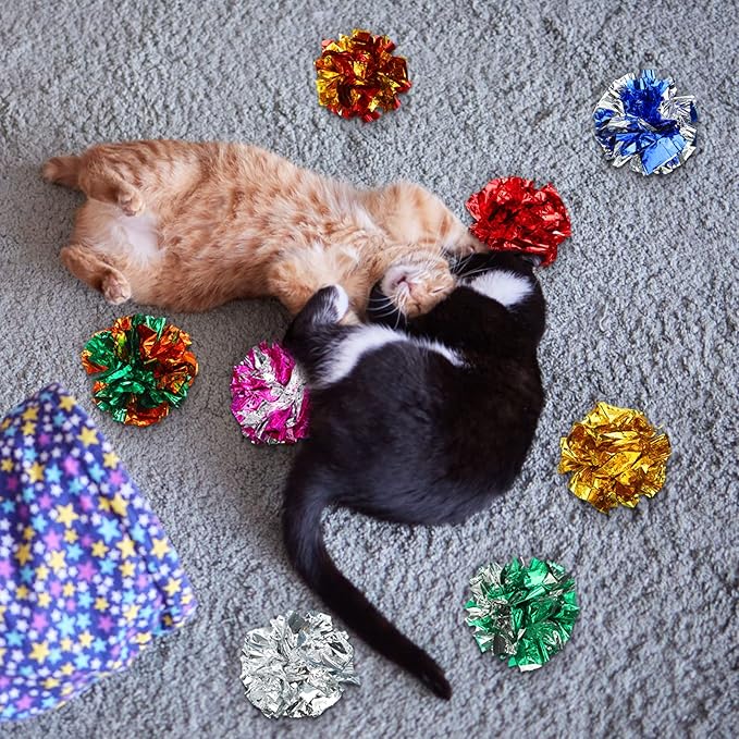 Silkfly 50 Pcs Polyester Film Crinkle Balls Cat Toys 2.36" Interactive Crinkle Ball, Colorful Balls Chew Toy for Cat Chase Ball Toys Attract Cats for Indoor Cats and Kittens to Keep Fit and Active