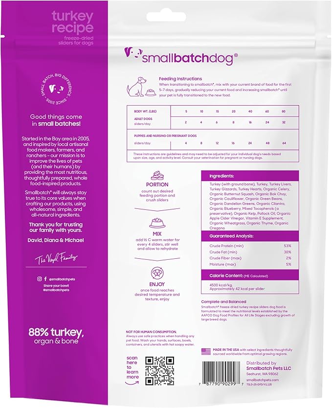 smallbatch Pets Freeze Dried Raw Dog Food, Turkey Recipe, 25 oz, Organic High Protein Dog Food, Grain Free, Made in The USA, Humanely Raised Meat, Single Protein, for Picky Eaters, Hydrate & Serve