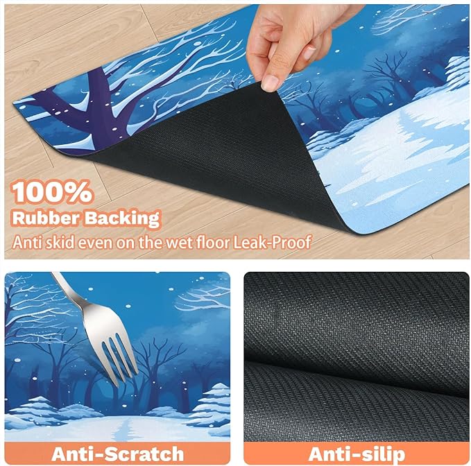 Winter Forest Dog Food Mat for Floors Absorbent, Quick Dry Water Dispenser Mat for Food, Water, Pet Supplies 16" x 24", White Snowy