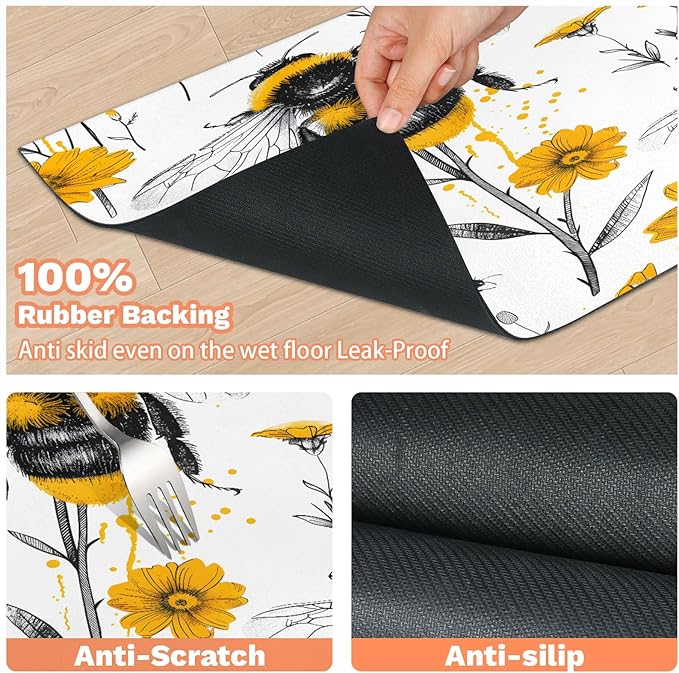 Boho Bee Dog Food Mat for Floors Absorbent, Quick Dry Water Dispenser Mat for Food, Water, Pet Supplies 16" x 24", Yellow Flower