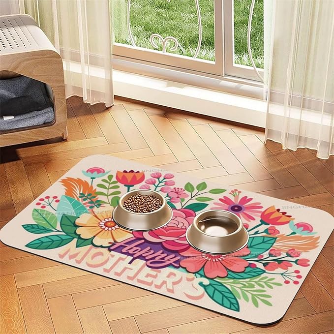 Pet Feeding Mat Happy Mother's Day Floral Gift Mom Bi Absorbent Pet Placemat for Food Water Bowl with Waterproof Rubber Backing 24x16In Quick Dry Water Dispenser Mat Dog Cat