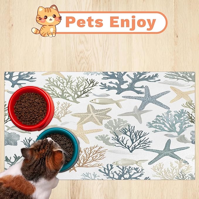 Nautical Coastal Dog Food Mat for Floors Absorbent Dog Bowl Mat for Food and Water Dispenser Quick Dry Cat Food Placemat Pet Supplies 12" x 20", Ocean Beach Starfish