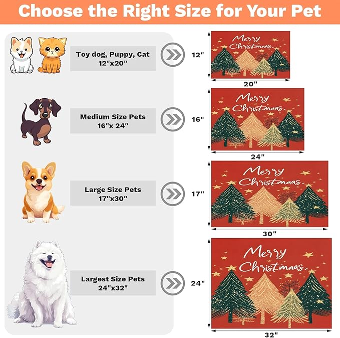 Merry Christmas Dog Food Mat for Floors Absorbent, Quick Dry Water Dispenser Mat for Food, Water, Pet Supplies 24" x 32", Christmas Tree