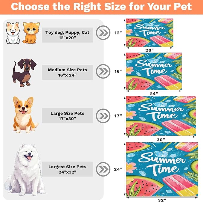 Summer Watermelon Dog Food Mat for Floors Absorbent Dog Bowl Mat for Food and Water Dispenser Quick Dry Cat Food Placemat Pet Supplies 17" x 30", Ice Cream
