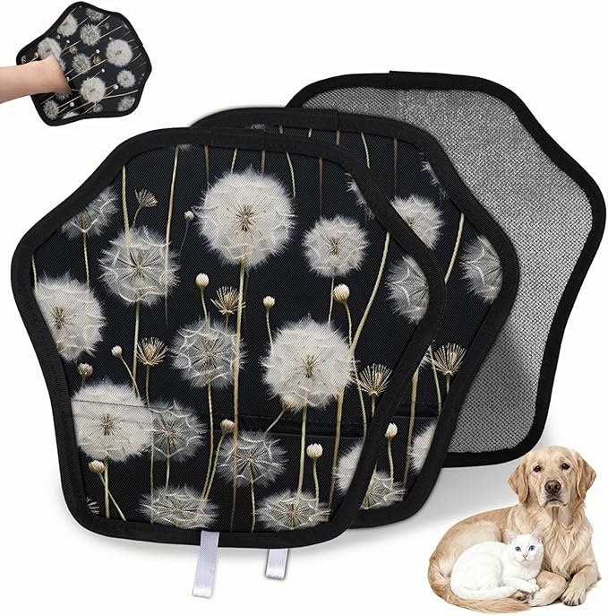 Reusable Pet Hair Removal Glove Dandelion Floral Flower Magic Brush for Cat & Dog Hair Remover for Car, Sofa, Bedding, Clothes - 9x9 Mitt Washable