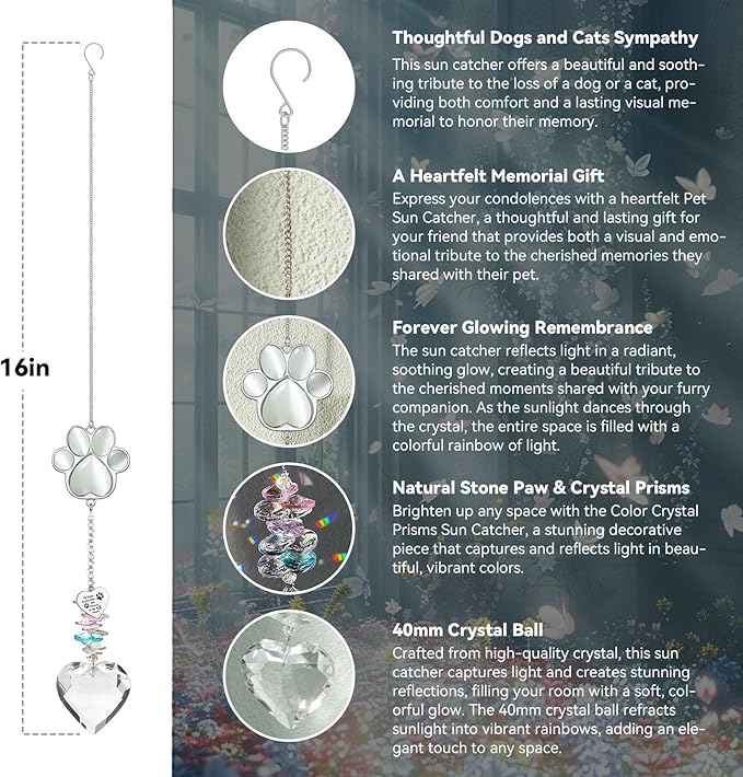 Pet Memorial Suncatcher - Loss of Dog Sympathy Gift, Pet Memorial Gifts for Dogs, Thoughtful Dogs and Cats Bereavement Remembrance Gifts, Gemstone Paw Crystal Suncatcher(White Stone)