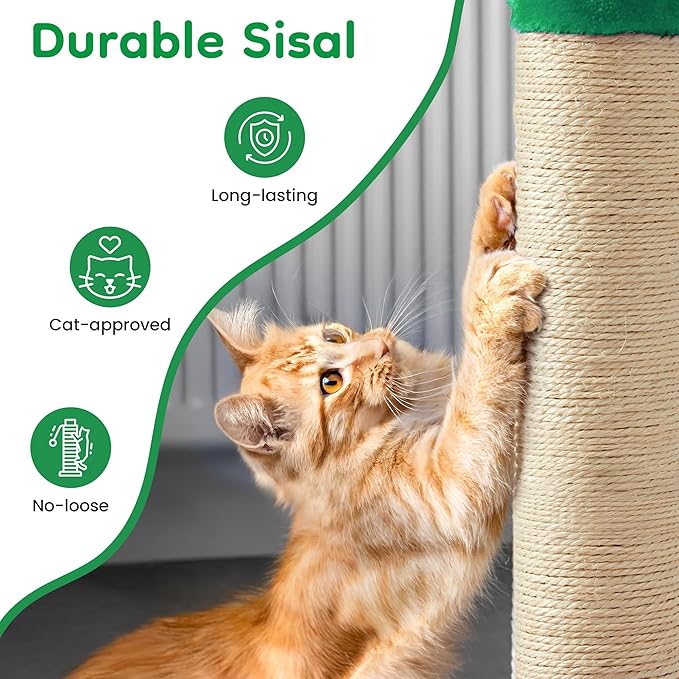 22" Cat Scratching Post, Sisal Cat Scratcher with Interactive Hanging Toy, Monster Scratch Pole for Indoor Cats, Cute Cat Scratch Post for Kittens & Large Cats, Green