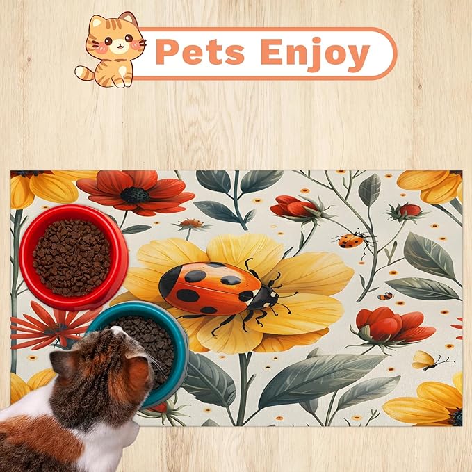 Ladybird Dog Food Mat for Floors Absorbent, Quick Dry Water Dispenser Mat for Food, Water, Pet Supplies 12" x 20", Flower