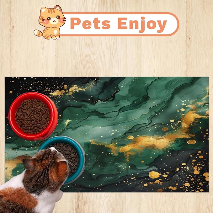Green Marble Dog Food Mat for Floors Absorbent, Quick Dry Water Dispenser Mat for Food, Water, Pet Supplies 17" x 30", Modern Abstract
