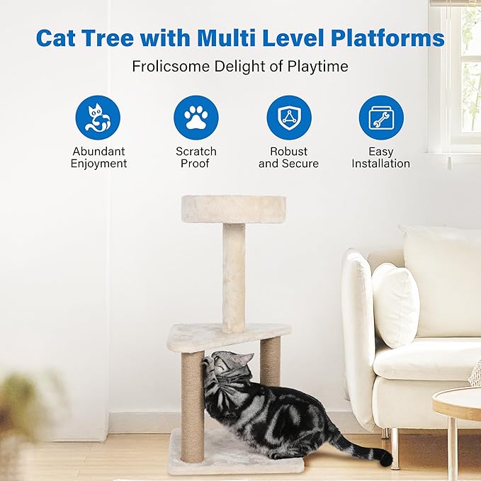 Simple Deluxe Kitten Cat Tree Tower for Small Cats, Multi-Level Climbing Activity Tower with Scratching Post&Top Perch, Beige