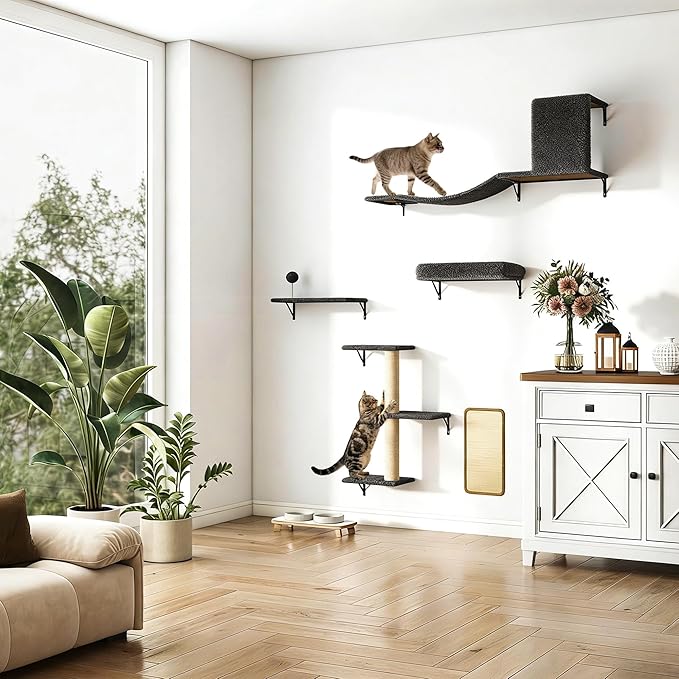 COZIWOW Cat Wall Shelves Set, 5-Piece Wall Mounted Cat Furniture with Cat Tree & Scratching Post, Floating Cat Perches for Indoor Cats（Grey）