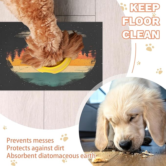 Sunrise Dog Food Mat for Floors Absorbent, Quick Dry Water Dispenser Mat for Food, Water, Pet Supplies 16" x 24", Forest
