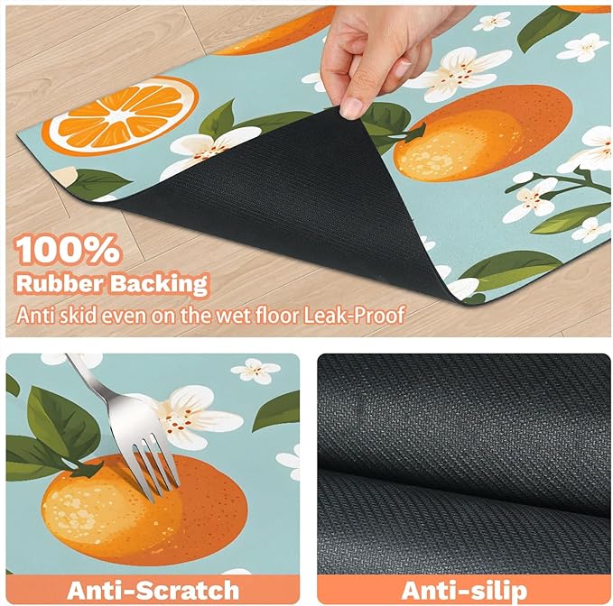 Orange Fruit Dog Food Mat for Floors Absorbent Dog Bowl Mat for Food and Water Dispenser Quick Dry Cat Food Placemat Pet Supplies 17" x 30", Citrus Green Leaves