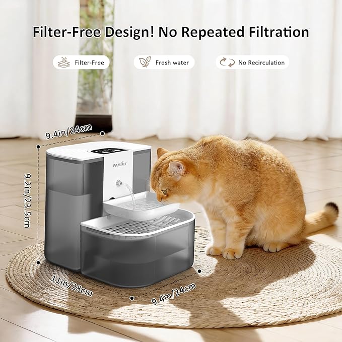 [New Upgrade] Famifit 4L+2.5L Heated Automatic Cat Water Fountain, 4000mAh Battery, Warm Water Option, Timed & Measured Control, Clean Water System, No Filter, Ceramic Bowl, Plug-in Recommended