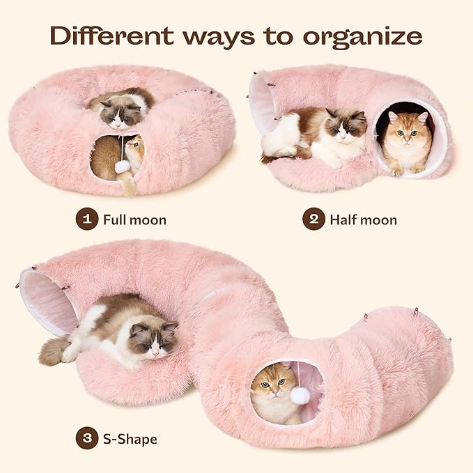 Meowfia Indoor Cat Tunnel with Donut Bed - Large Flexible Play Space for Multiple Pets - Circle or Snake Shape, Cozy Lounge (Pink)