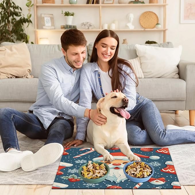 Santa Claus Dog Food Mat for Floors Absorbent, Quick Dry Water Dispenser Mat for Food, Water, Pet Supplies 24" x 32", Christmas Holly
