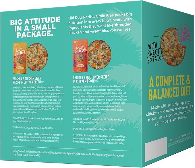 Tiki Dog Aloha Petites, Variety Pack, Nutrient Dense Meat, Wet Dog Food For Small Breed Dogs and All Life Stages, 3 oz. Pouch, Pack of 12